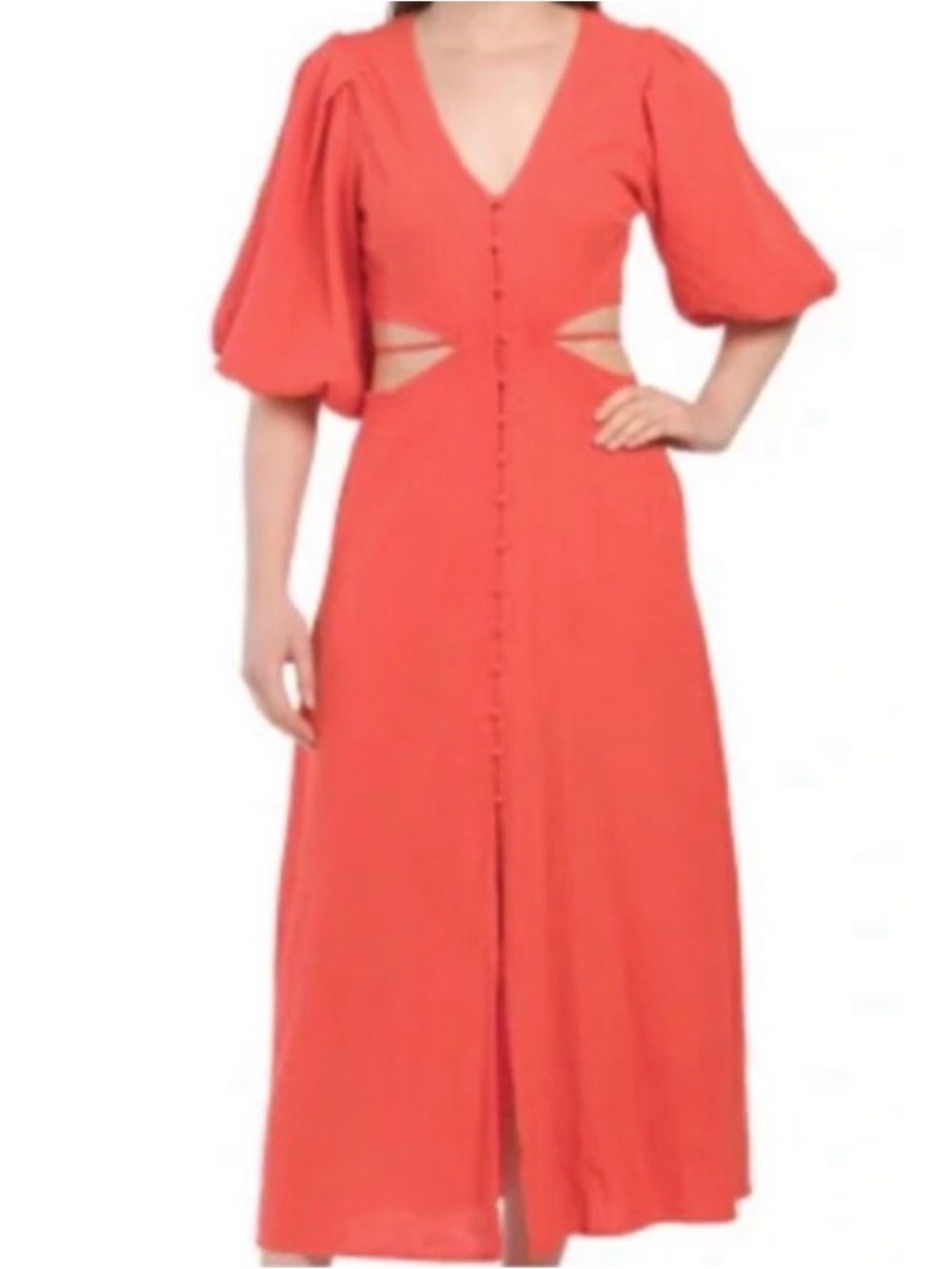 Young Fabulous & Broke Coral Tea  Button-Front Maxi Dress with Puff Sleeve Linen
